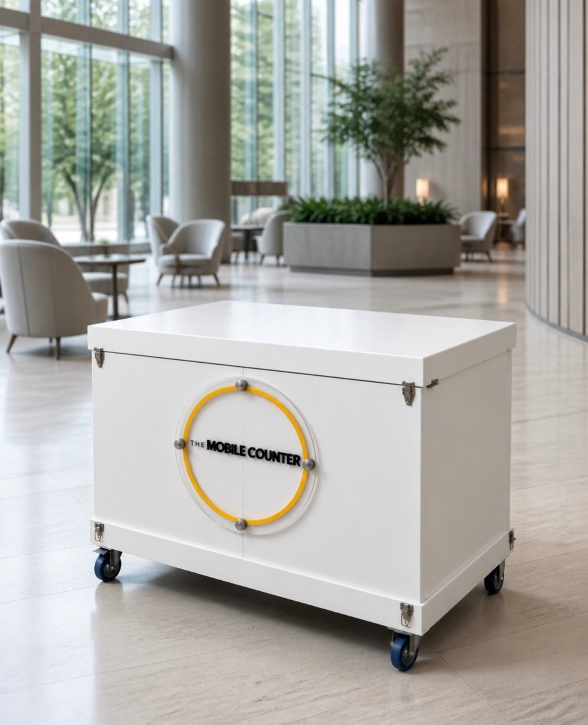 white mobile bar cart serving station for corporate made in UK 